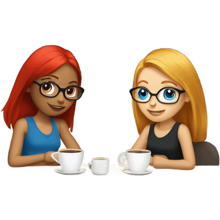 Two girl friends one blonde in glasses blue eyes and one red headed with no glasses sitting in the coffee house drinking coffee emoji