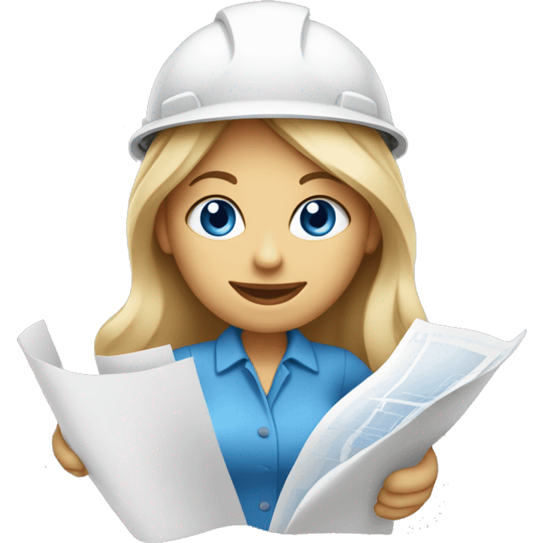 woman profession architect holding blueprints. She has blue eyes emoji