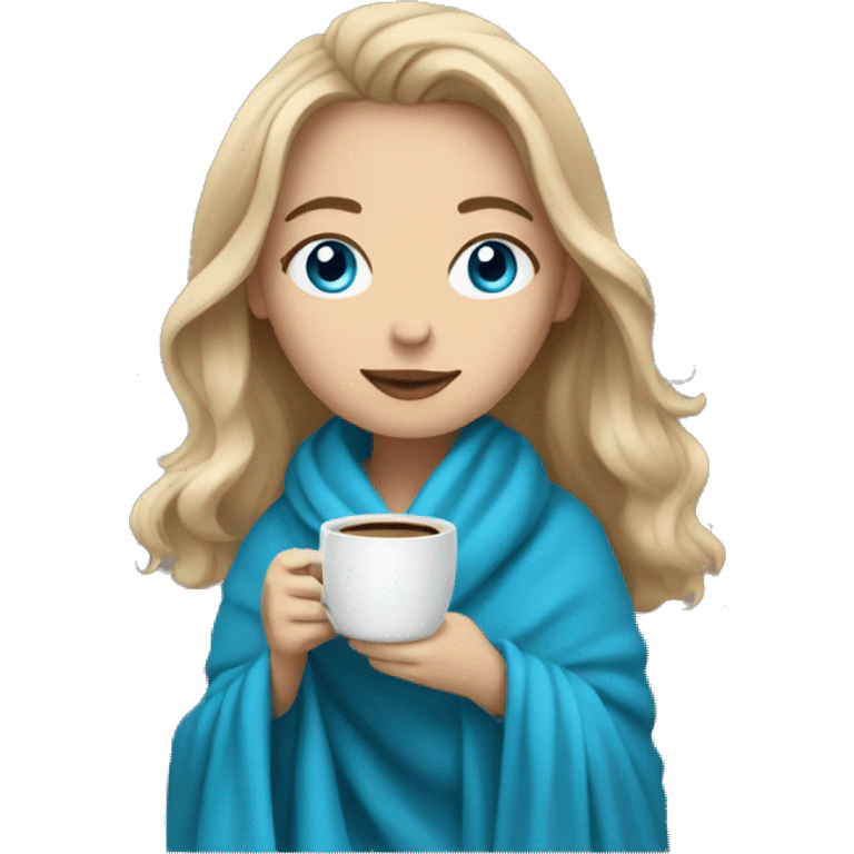 Dark blonde hair woman with blue eyes cozy blanket with coffee emoji