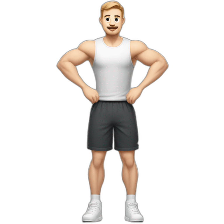 Full height Actively gesturing with hands Pale skinned Fit Man With the biceps and brown hair in dark gray Sleeveless Mike, black oversize sports shorts and white Sneakers emoji