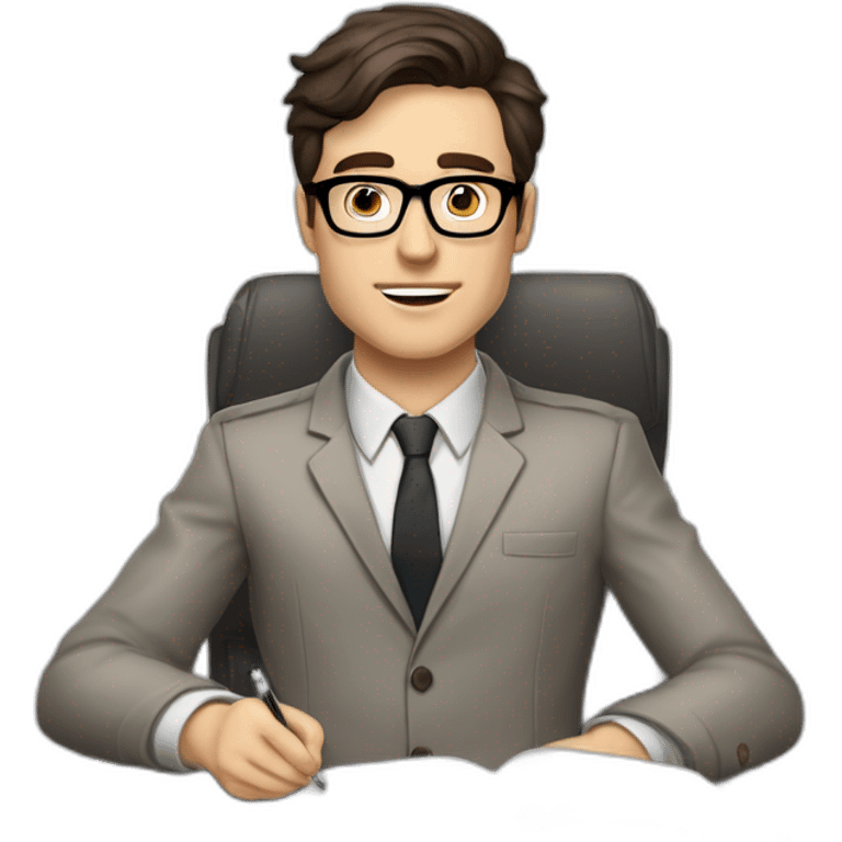 Pale skinned Fit Man With dark brown hair in gray jacket with emblem Ψ, beige office shirt and vintage glasses sitting In a soft chair with a notebook and a pen in his hands emoji