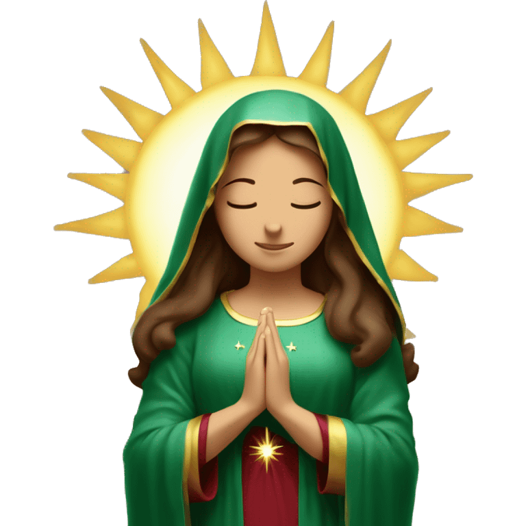 Virgin Mary: kind face looking down at the left, long brown hair, Wearing an emerald green  robe with gold stars and a burgundy red dress,  Hands in prayer or blessing. Halo around her head. standing in front of a big sun.  emoji