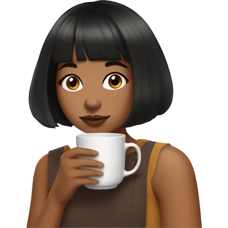 Girl with black hair and curtain bangs sipping tea emoji