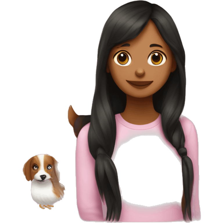 White girl with brown long hair and green eyes with pink pulls, and with dog mini pincher colour black in here hens  emoji