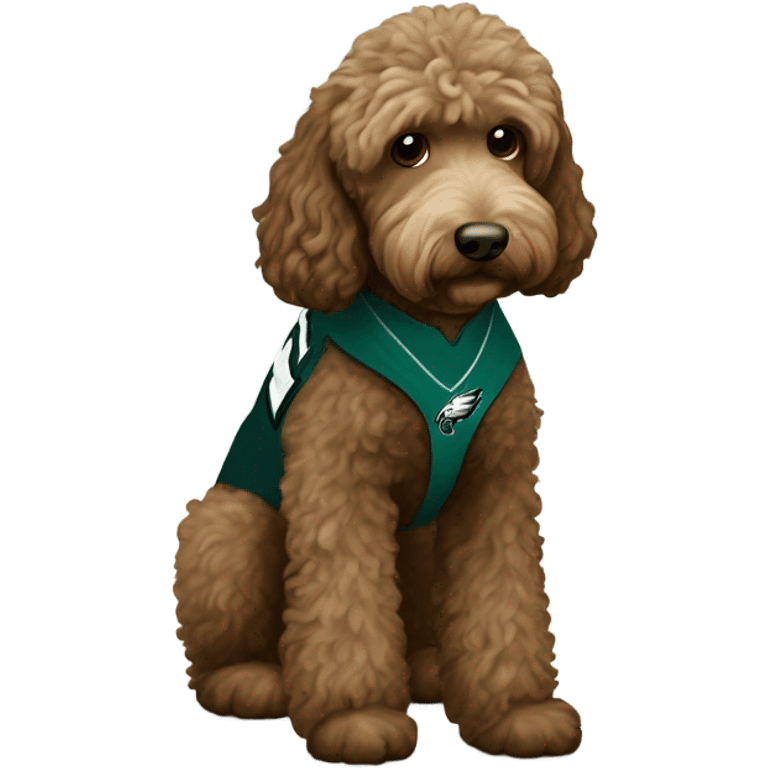 brown Labradoodle wearing a Philadelphia eagles shirt emoji