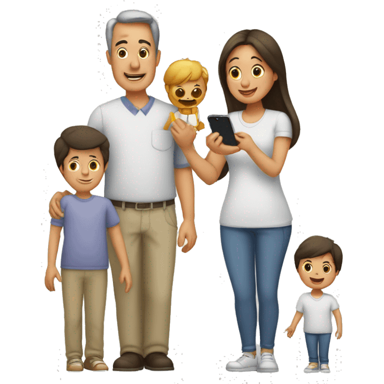 Papá con un iPhone en la mano, con su familia abrazándolo  emoji