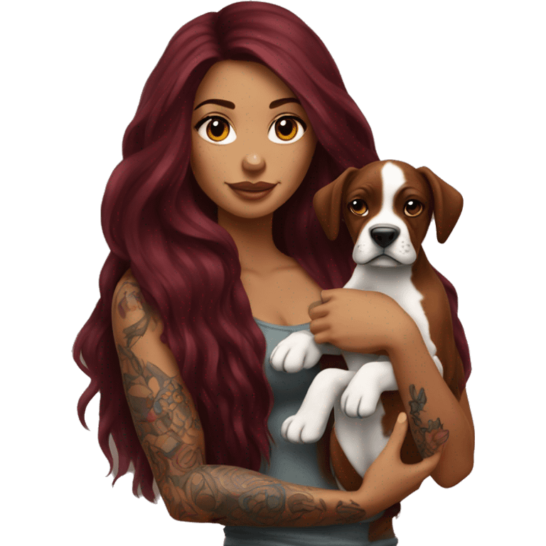 Beautiful tattooed  burgundy long haired woman holding a boxer puppy emoji