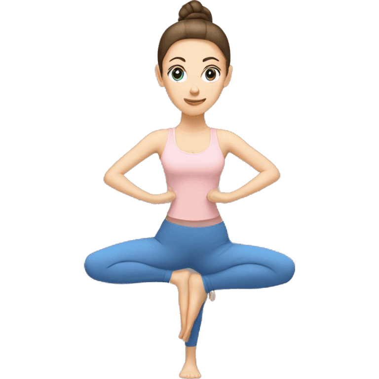 A White woman with blue eyes and brunette hair in a high ponytail doing yoga in beige and light pink emoji