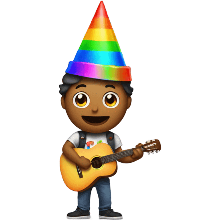 Guy with guitar holding an iPhone wearing party hat  emoji