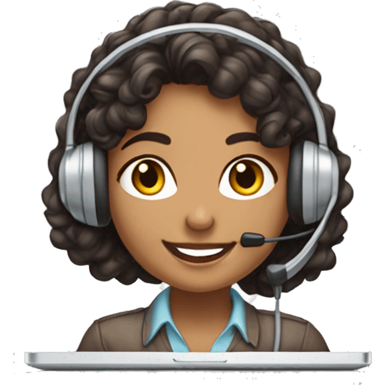 lightly brown indian call center girl with dark brown medium curly hair smiling and wearing a headset while working on a laptop from a quarter angle  emoji