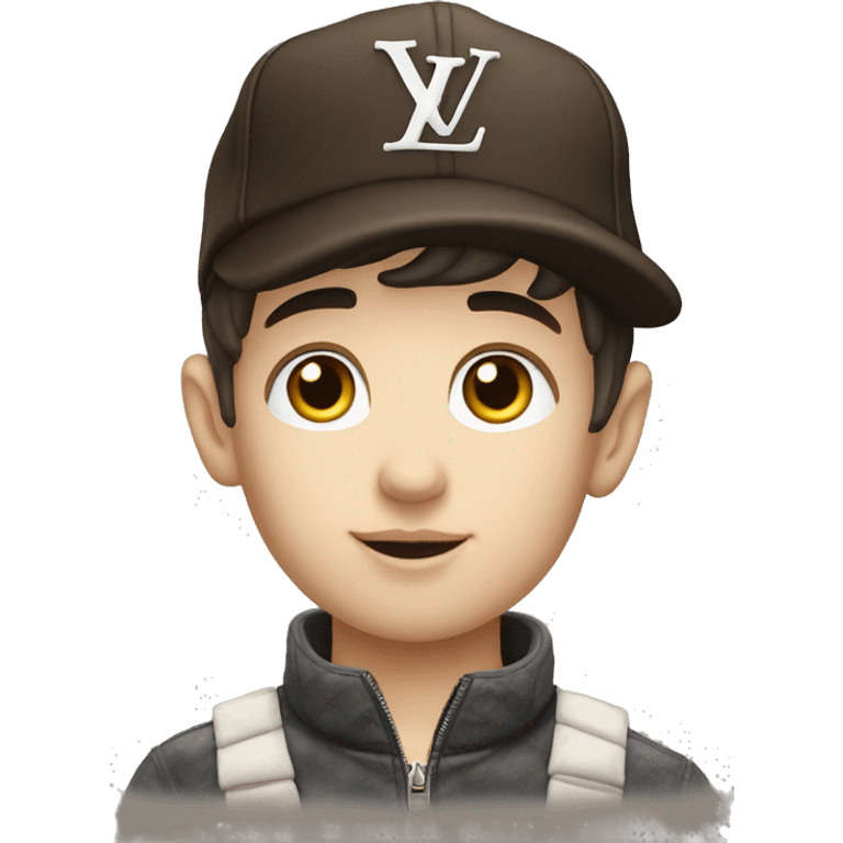 Handsome Young boy , with White skin ,  dark hair , wearing cap Louis Vuitton   emoji