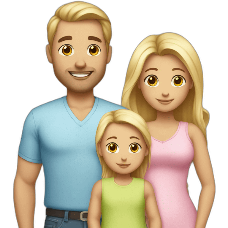 a family with 2 parents and 2 twins baby girls, the dad is blond hair and the mom dark hair emoji