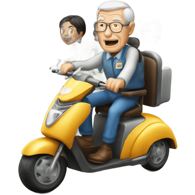 Old man riding a medical scooter chased by a group of women emoji