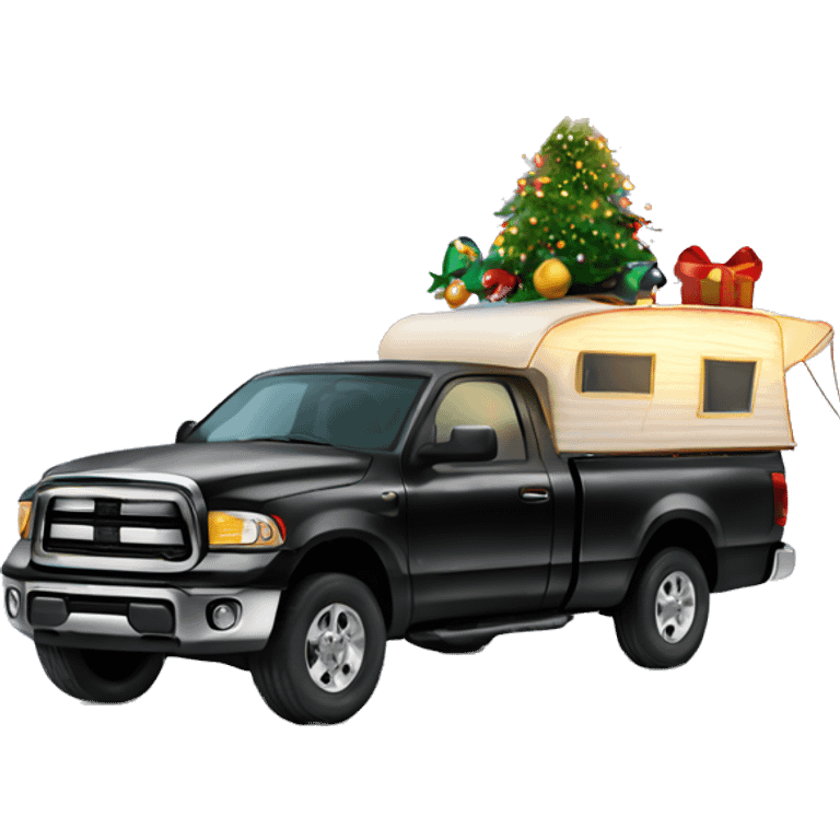 Black 4 door pickup truck with a camper attached with Christmas lights and decorations emoji