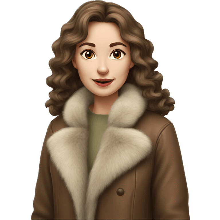 Realistic pretty Russian woman with wavy brown hair with fur coat no smile emoji