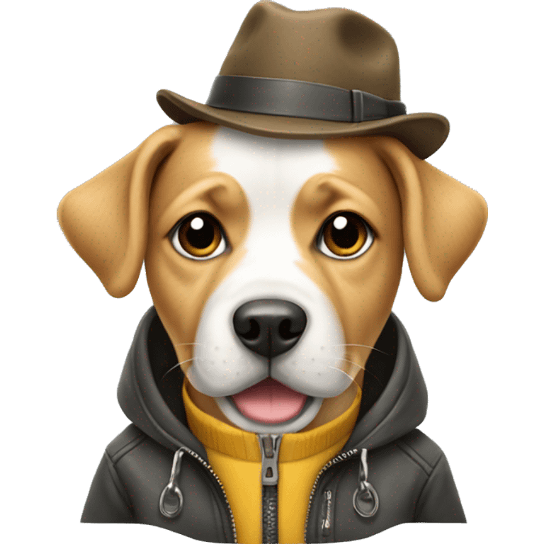 Dog wearing a hat and a jacket with a zipper emoji