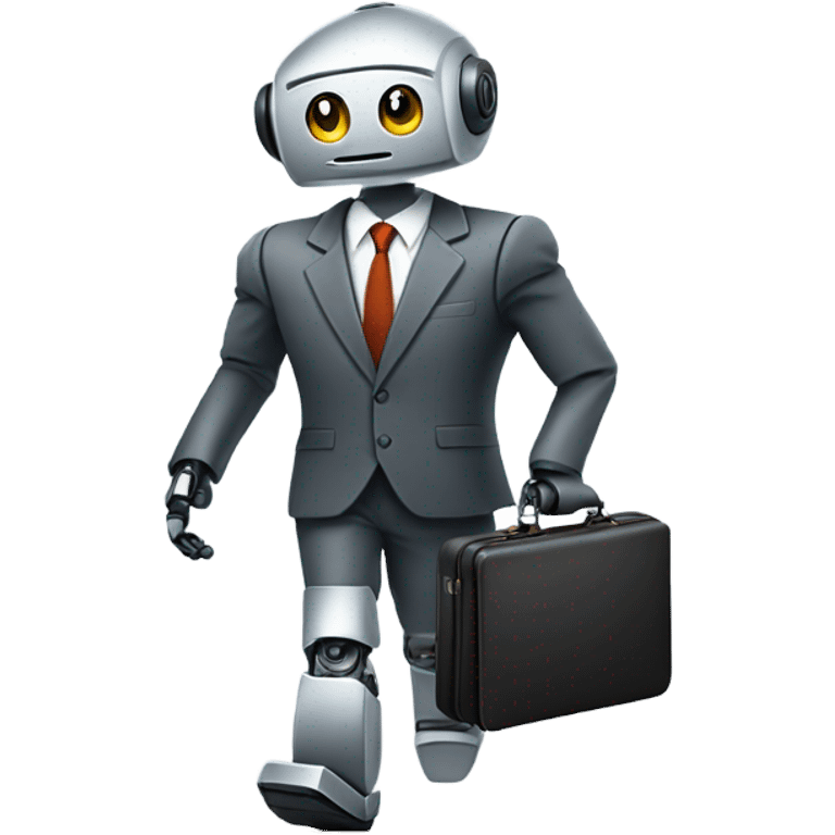 Robot with a business suit and briefcase walking into work with message “living the dream” emoji