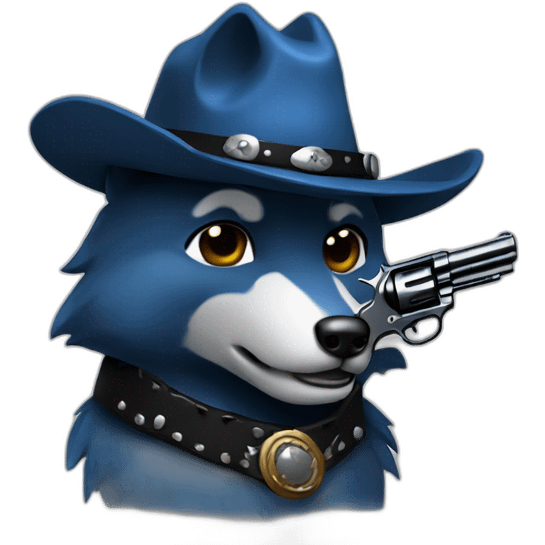 blue wolf with a black cowboy hat holding a cowboy revolver emoji