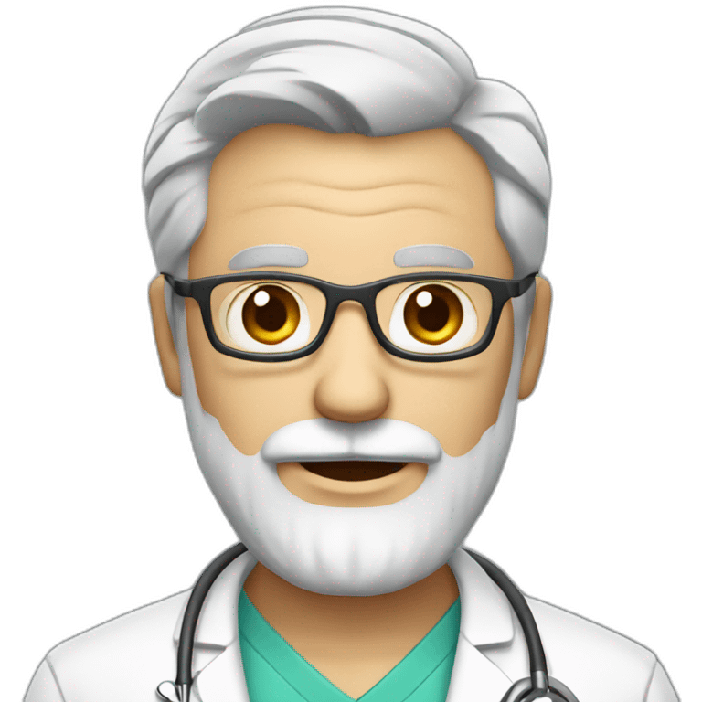 DOCTOR WITH WRINKLES, MAN, FULL GREY BEARD, GREY AND WHITE SHORT HAIR, RED GLASSES, holding a protein emoji