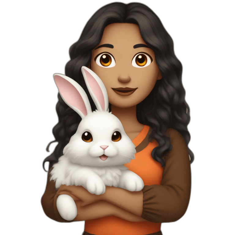 woman with white skin with brown eyes and long wavy black hair in a brown blouse is holding a very fluffy orange rabbit emoji