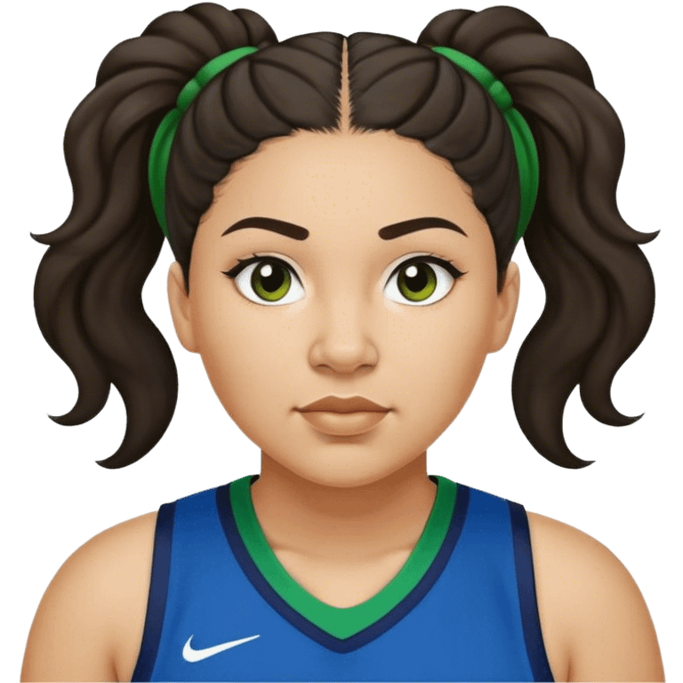  plus size light skin latino women basketball player with wavy dark hair in pony tail flat wide nose wearing blue green  uniform emoji