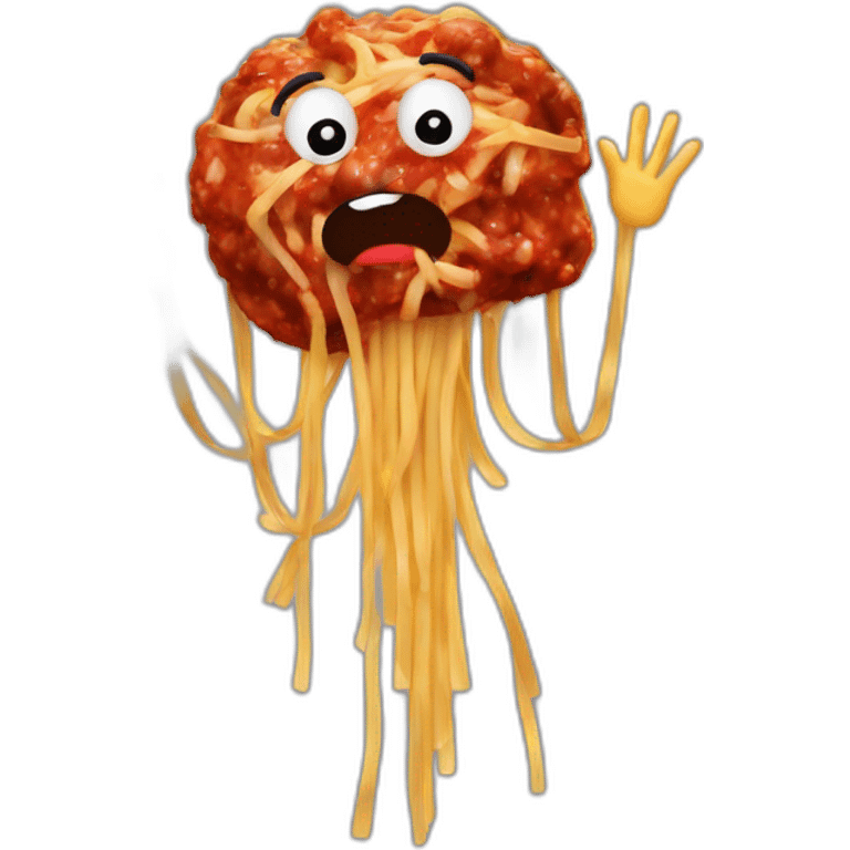 Spaghetti and meatballs with a face, arms and legs, doing something random emoji