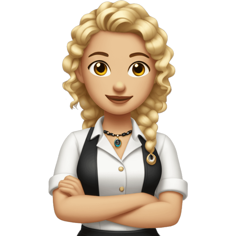 Waitress with white shirt and black apron, curly dirty-blonde hair in a pony tail, hazel eyes, LOTS of bohemian jewelry and bracelets  emoji