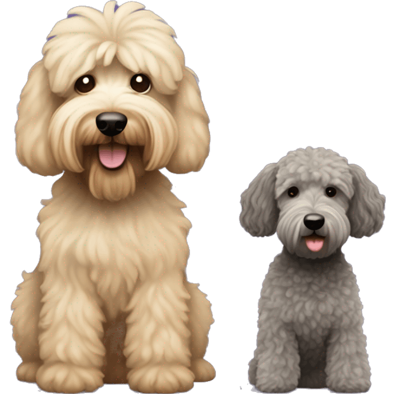 2 dogs, one is a dark grey whoodle with a poodle cut, the other is a wheaten terrier. Make both same size emoji