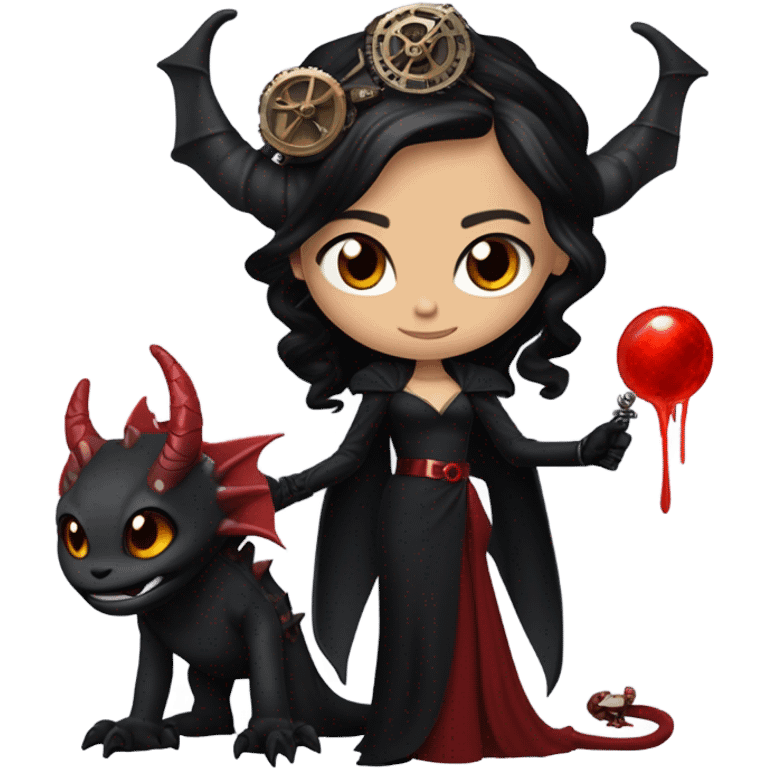 Lavish black evening gown with see-through gloves, Jenna Ortega as Addams girl Jedi wearing a steampunk mini tiara, very large blood red evil-looking horned dragon emoji