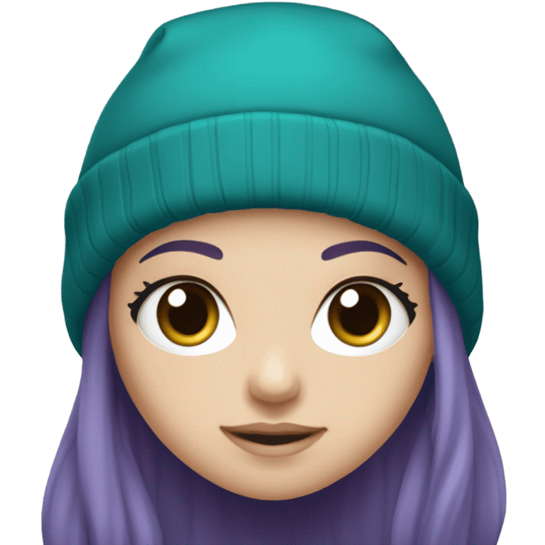 White girl, blue eyes, long teal hair, purple beanie hat, black hoodie emoji