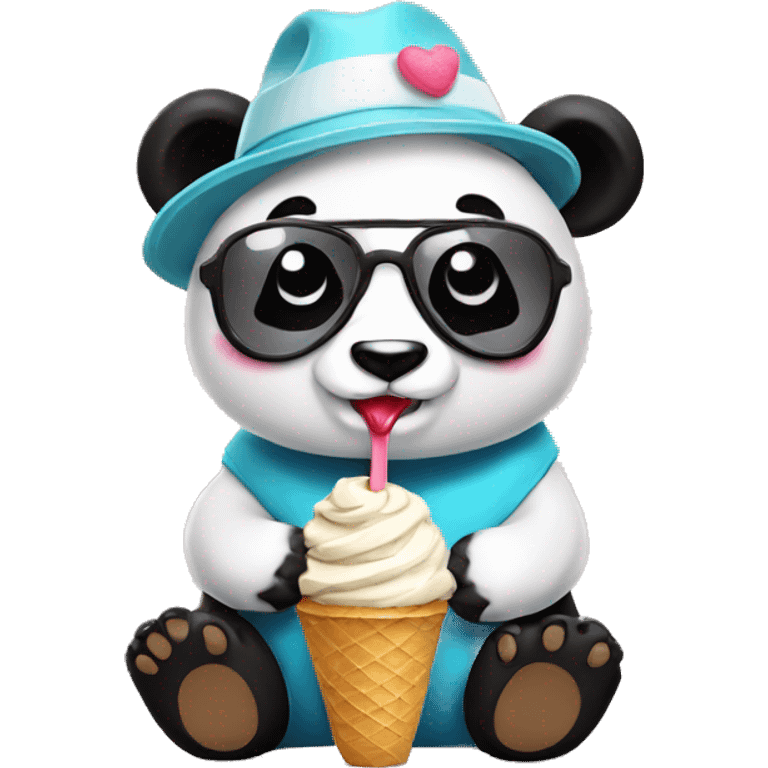 Panda eating ice cream wearing hat and funny googles emoji