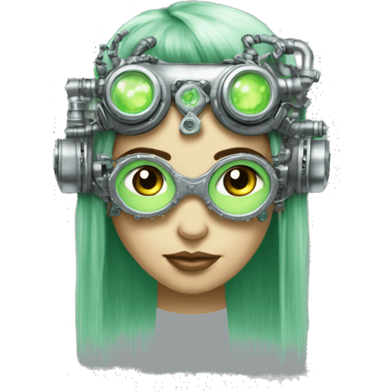 Light green long hair female cyborg head with silver steampunk goggles as a headband, circuits emoji