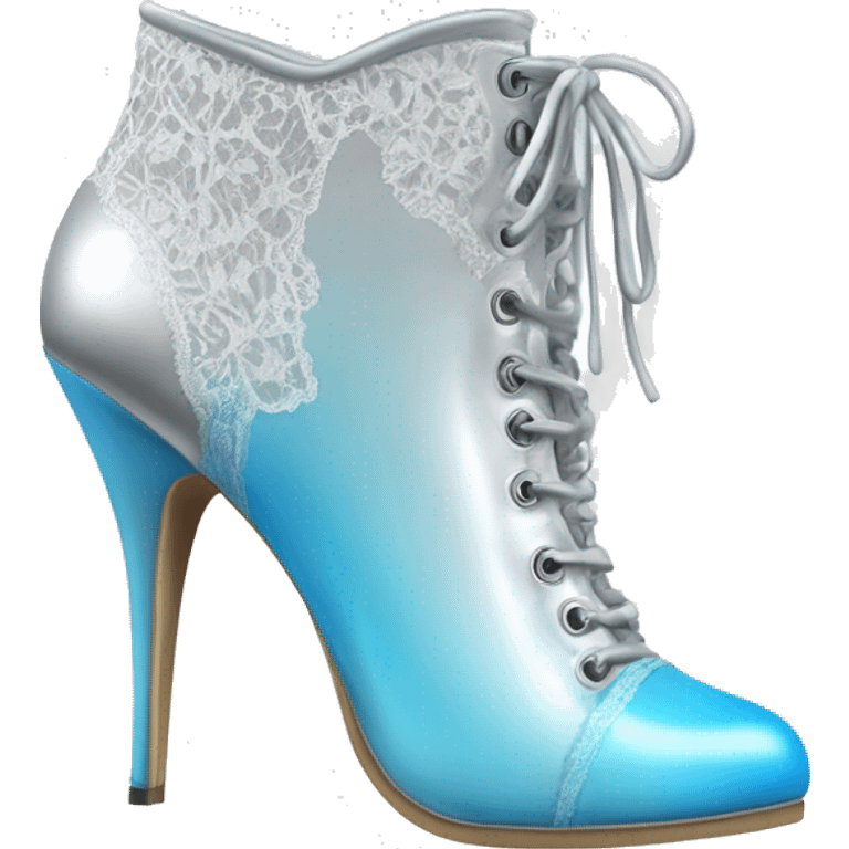 Realistic isolated pair of silver to white ombre high heel bootie boots shoes with sky blue lace and toes pointed forward. emoji