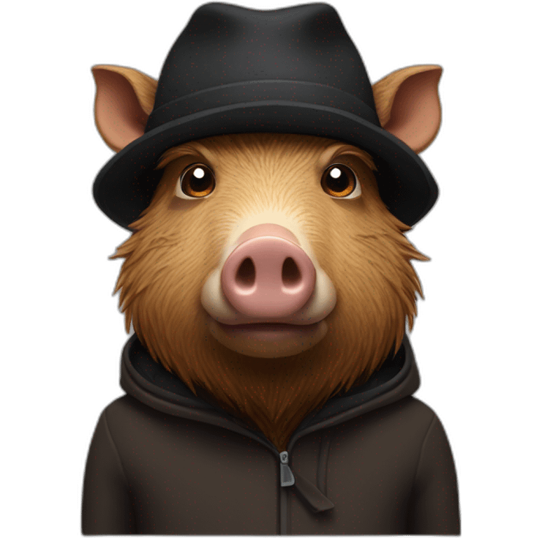 Sad brown boar with stubble in a black winter hat emoji