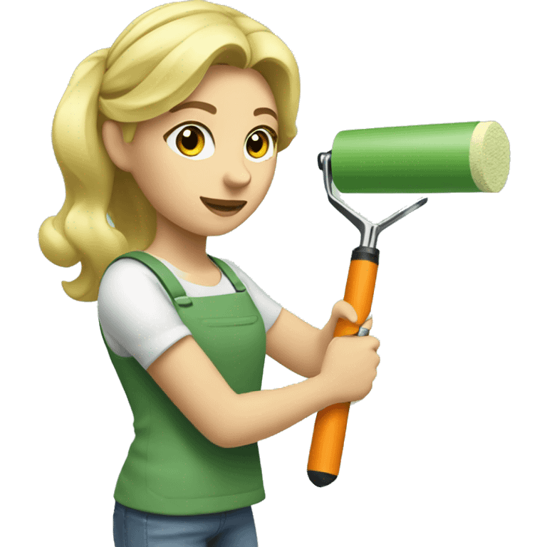 Blonde girl painting a wall sage green using a paint roller  emoji