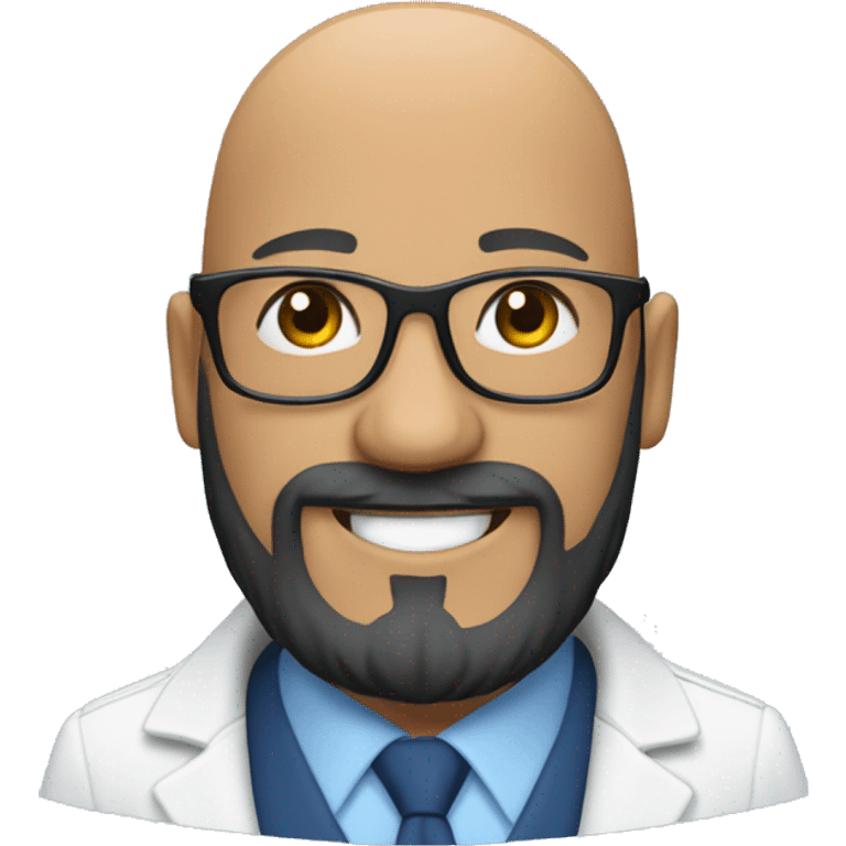 Bald man smiling with glasses and big bushy blac beard with. Wearing a white shirt and a blue coat emoji