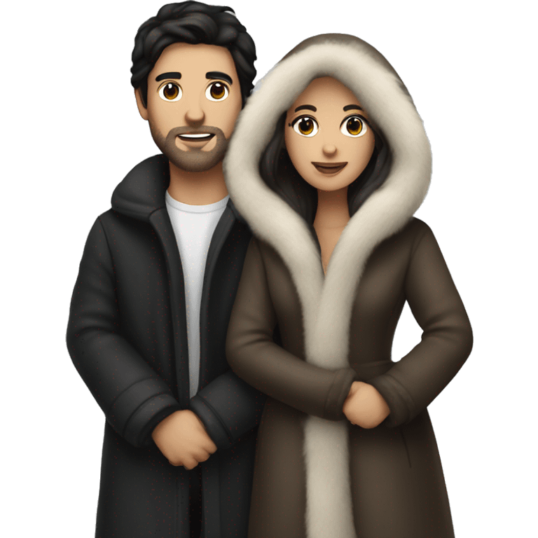 Dark haired White couple in long fur coats emoji