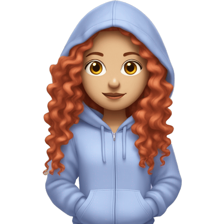 white girl with long red curly hair, wearing a pastel periwinkle hoodie doing a pose emoji