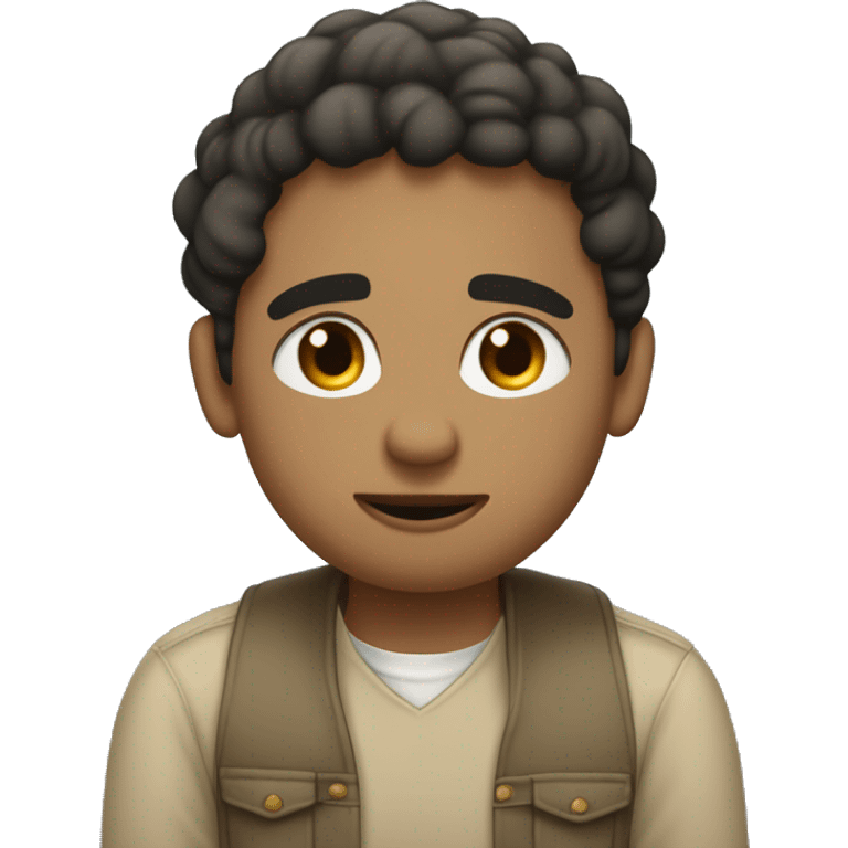 A lighskin round emoji with hands on its cheeks blushing and their eyes closed, and in the cloud thought going through their head, it is a day dreaming about their man who is black with low cut hair wearing collard shirt and khaki jeans emoji