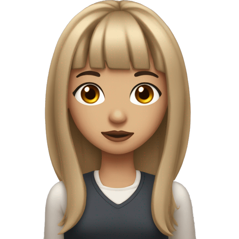 A girl with brown eyes, long eyelashes, and medium-length hair with bangs, big lips, and a nose piercing. emoji