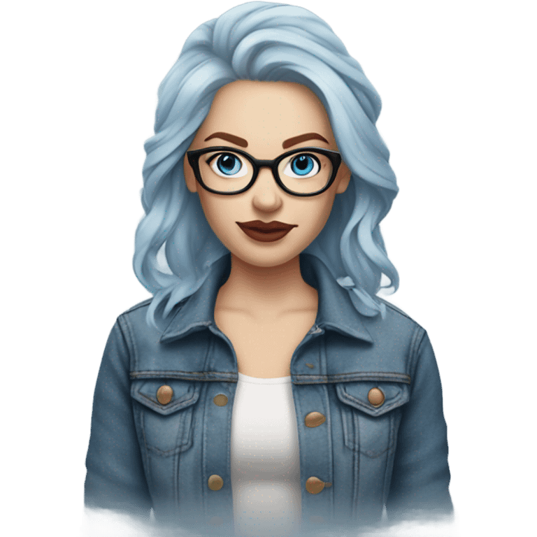 Hyper Realistic pale beautiful tattooed woman with glasses and blue eyes wearing denim jacket emoji