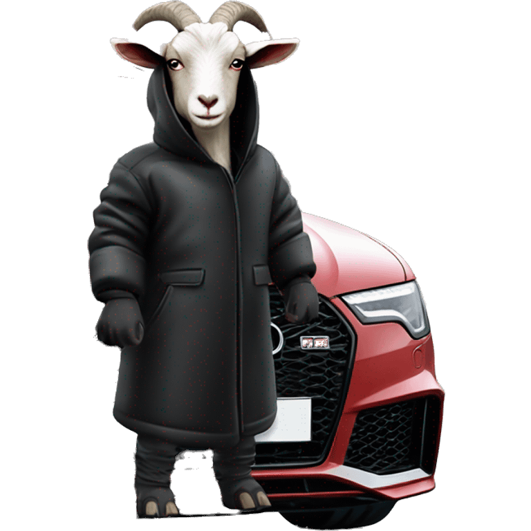 Goat in puffy black coat driving Audi RS6 emoji