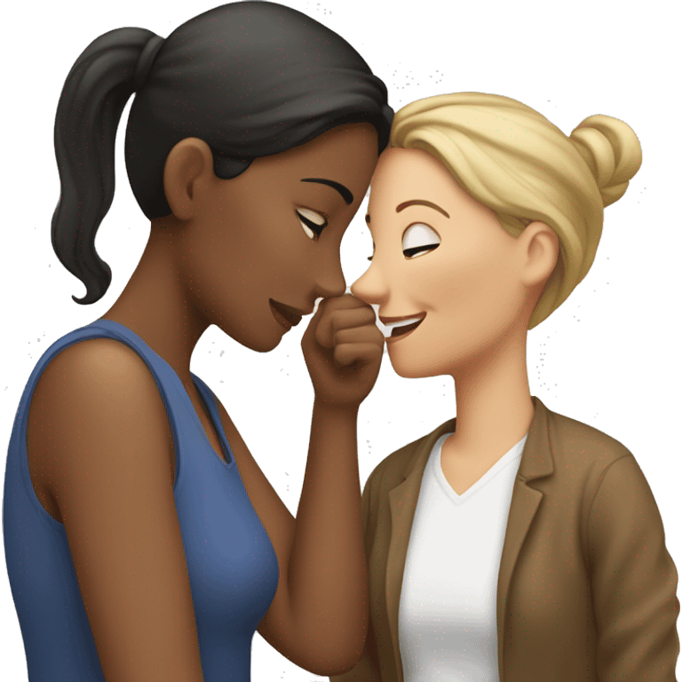 One woman whispers into the ear of another woman closing by hand emoji