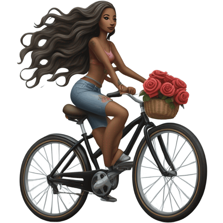 Hyper Realistic beautiful woman model with a small rose tattoo riding a bike emoji