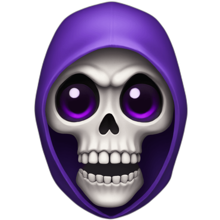 A skeleton in a black hood, purple eyes, angry emoji