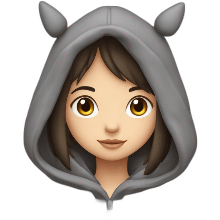 Fille Brune avec un sweat-capuche Totoro gris foncé avec les rond clair de Totoro sur ventre  emoji