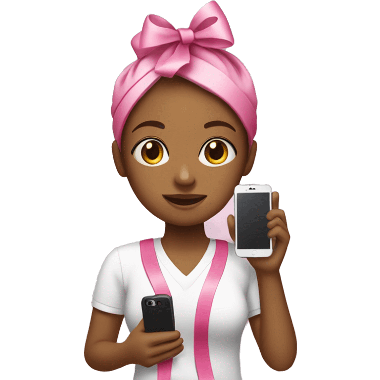 girl with pink ribbon on head holding a phone  emoji