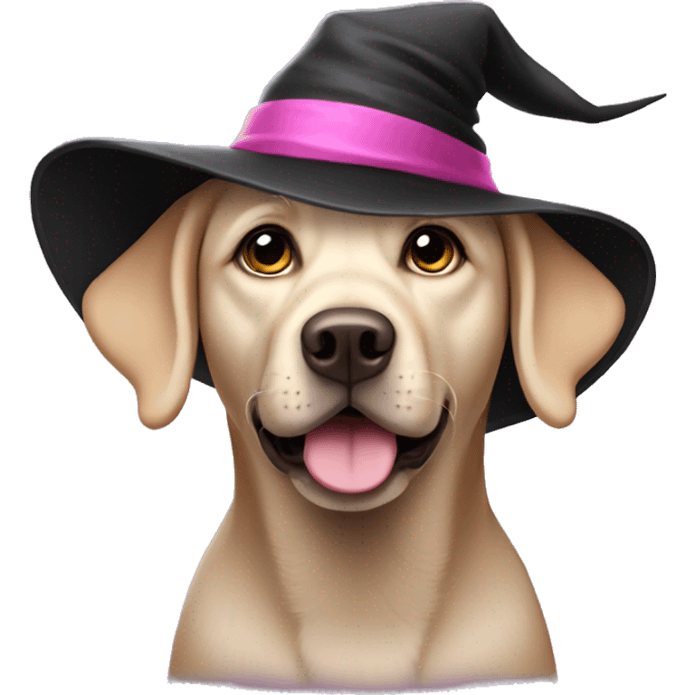 Labrador wearing black and pink witch hat emoji