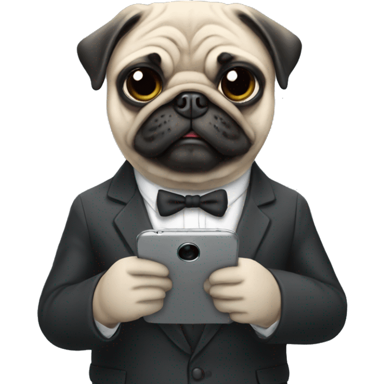 Pug holding phone in suit emoji