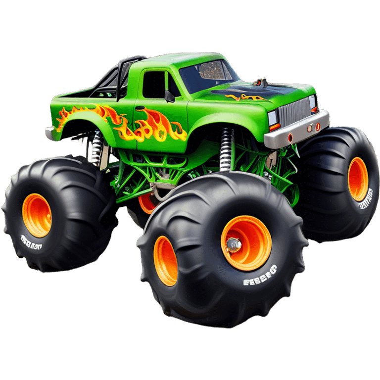 Grave Digger - Monster Jam (Model Year: 2022) (Iconic colour: Green with flames) - A legendary monster truck with a fearsome design: predominantly deep green with dynamic, vibrant flame graphics in bright orange and yellow. Highlight its rough, edgy bodywork and an aura of untamed rebellion. emoji